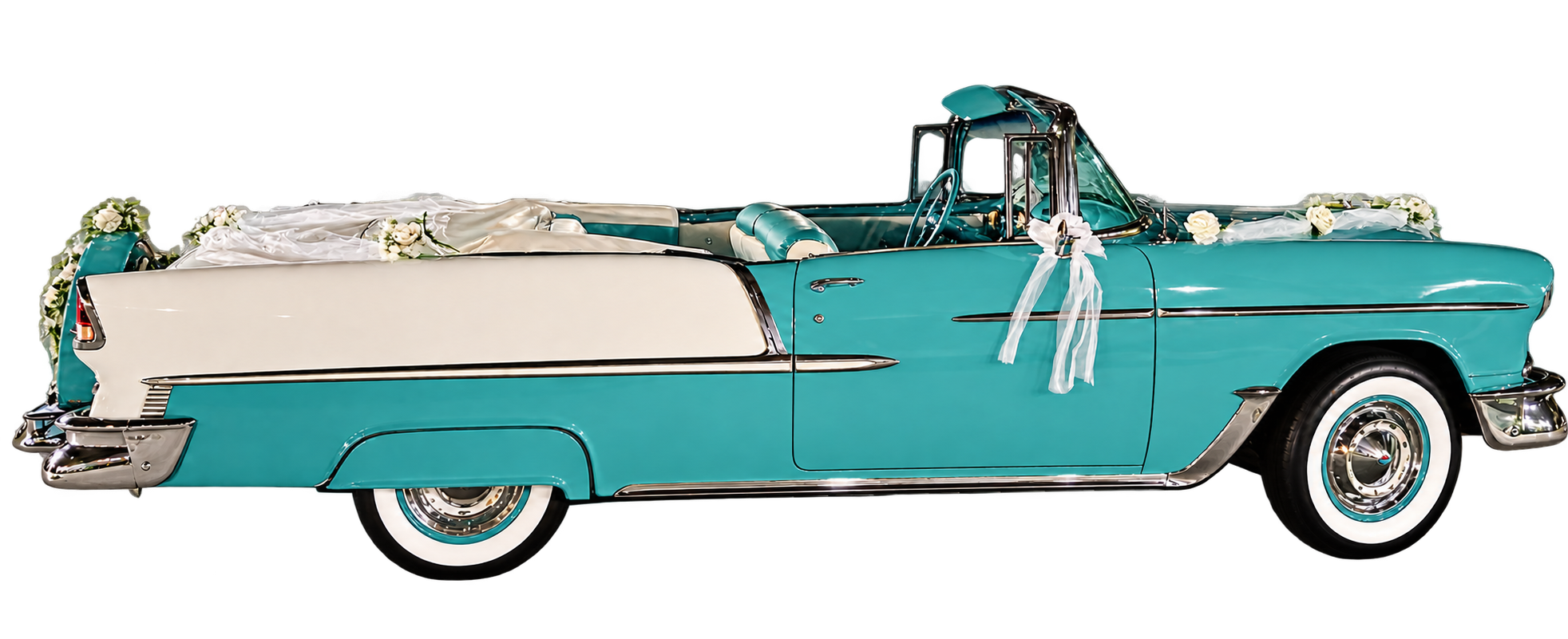 Ole’ Belle, our turquoise and white 1955 Bel Air convertible